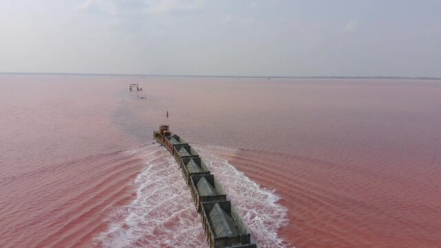 Burlinskoye Lake (Bursol), Altai Krai &mdash; Pink Salt Lake. A train‑like vehicle moves along the shore.