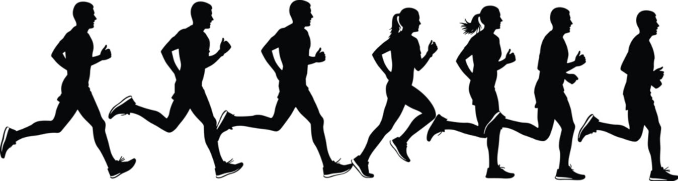 Adobe Stock Title (22 Words) Group of people running silhouette for marathon race and fitness health training, cad drawing flat vector illustration on a white background icon.