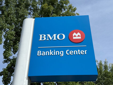 BMO Bank of Montreal Banking Center sign at bank branch - Calistoga, California, USA - September 7, 2025