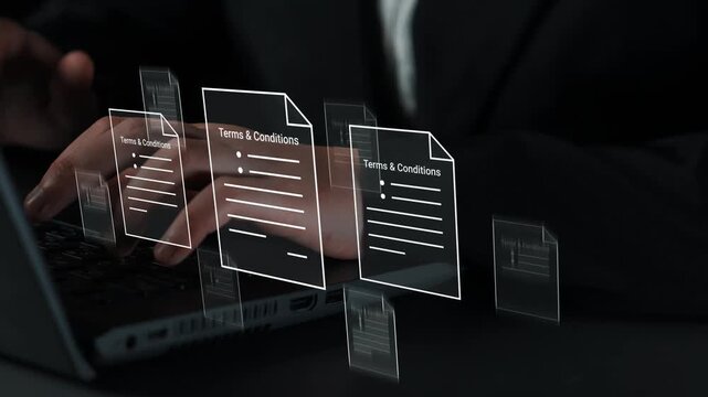 Abstract representation of digital documents and terms and conditions with hands typing on a laptop, showcasing legal agreements in a modern workspace. Gluon.