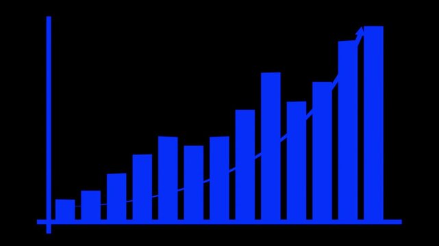 Blue Bar Chart with Diagonal Line on Black Background .Business growth concept in graph chart showing marketing sales profit increasing to future target .