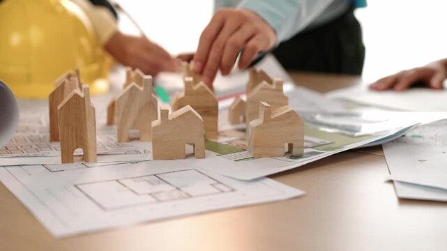 Architect and engineer discuss about building blueprint on table with architectural document, measurement tools scatter around at office, use wooden block for house positioning. Closeup. Delineation.