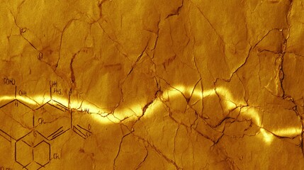 Vintage cracked parchment with a forgotten chemical diagram, illuminated by a validating beam of light.