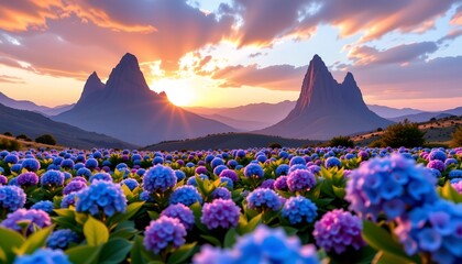 Vivid Hydrangea Field with Surreal Cliffs Sunset