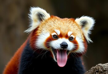 Naklejka premium Red panda with goofy grin and tongue out, a furry mammal from the Himalayas, tongue out, China