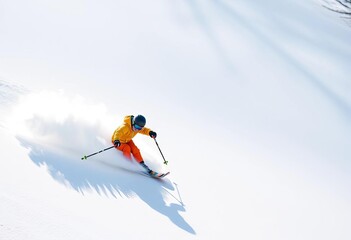 Small figure in bright ski gear glides down a pristine white slope, snow spraying, capturing the joy of winter sports,  snow,  skis