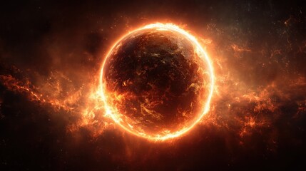 Fototapeta premium Fiery planet in space with surrounding nebula