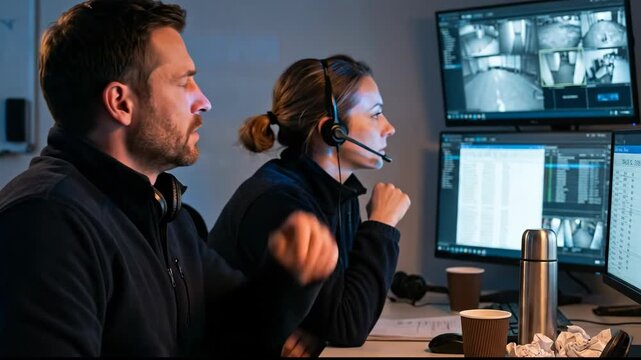 Security Personnel Monitoring Surveillance Screens in Control Room Focused, Attentive, and Alert with Multiple Camera Feeds