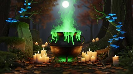 St patrick's day magic a mystical green cauldron scene with candles and butterflies on a dark mysterious night