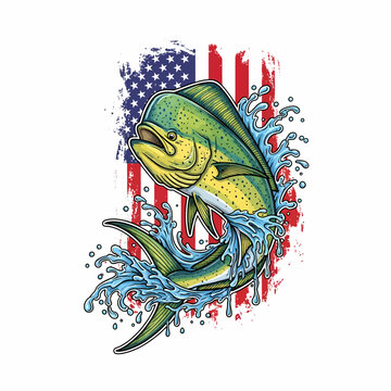 Mahi mahi dorado fish jumping with splash water and American flag background