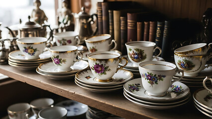 Fototapeta premium Vintage tea cups and saucers on a wooden shelf.