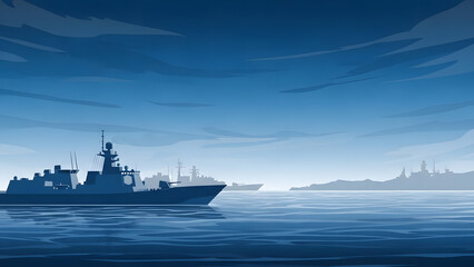 A flat design vector illustration of naval warships sailing on the ocean with a simplified blue color palette