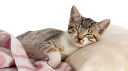 Adorable tabby kitten sleeping peacefully on a soft pillow with a blanket, pure transparent background