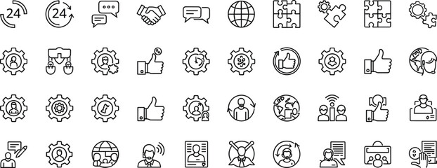 Customer support and service line icon set with help desk communication teamwork settings and business assistance symbols