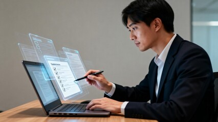 Businessman working on laptop with holographic interface