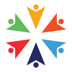 Diverse community logo featuring six colorful abstract human figures in a circular formation for teamwork unity social inclusion and non-profit branding