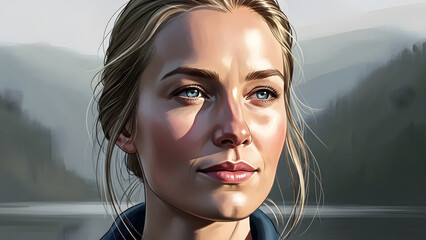 A beautiful digital portrait of a blonde woman with blue eyes set against a soft misty mountain and fjord background