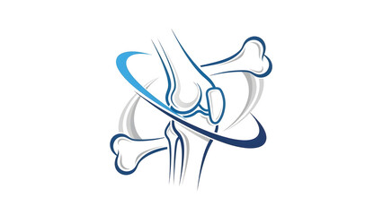 A professional medical logo featuring a stylized illustration of a knee joint and bones surrounded by blue dynamic swooshes
