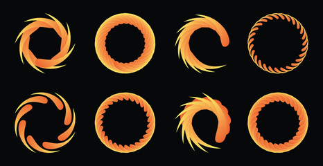 Abstract spiral icons featuring flame-like rings and circular vortex designs for creative branding and energy logos