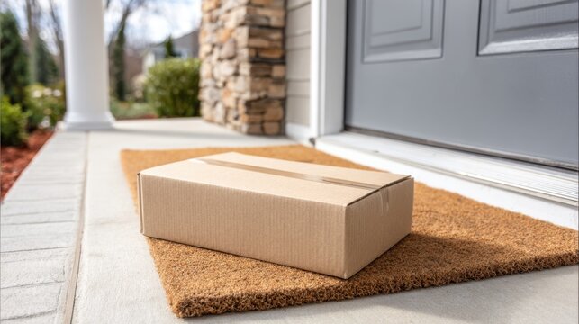 A brown cardboard box containing a package delivery rests on a welcome mat at the front door of a suburban home.