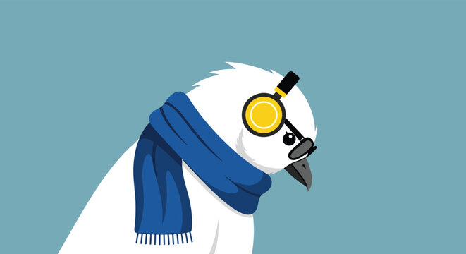 Cool white bird character wearing a cozy blue scarf and stylish yellow headphones enjoys music on a solid blue background.