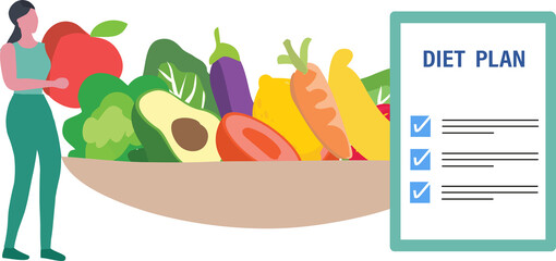 Healthy diet plan, woman eat healthy food and planning diet with fruit and vegetable 