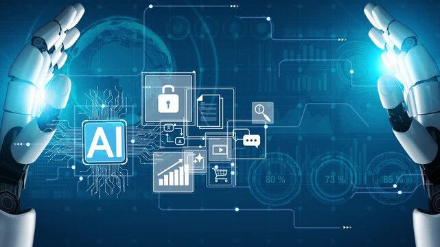 Futuristic Robotic Hands Interacting with Digital Interface Features Including AI, Data Security, Charts, Documents, and Communication Icons Gluon.