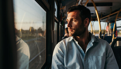 Man Commuting on Bus During Sunset