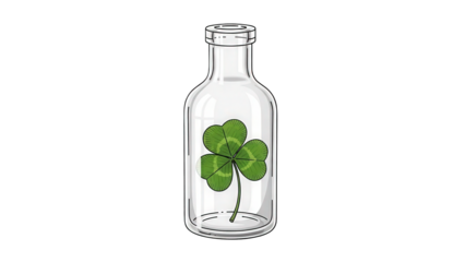 Lucky four leaf clover in glass bottle on black background