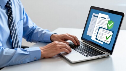 Person working on laptop with certification display