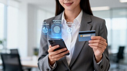 Businesswoman using phone and credit card