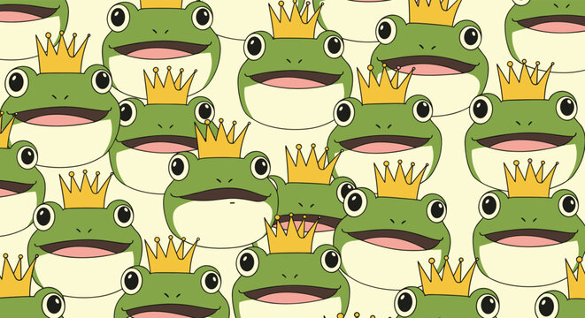 A seamless pattern of repeating cute green frog faces, each wearing a small golden crown like a frog prince or princess.