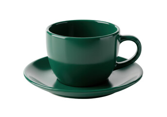 A pristine, modern emerald green high-gloss ceramic cup with geometric handle on saucer, isolated against a brilliant white studio background with copy space. Concept for luxury kitchenware