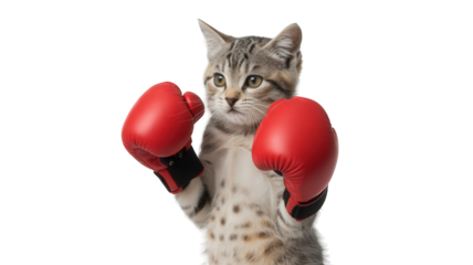 Cute tabby kitten wearing red boxing gloves standing in fighting pose isolated on transparent background