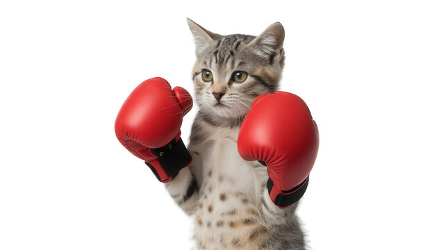 Cute tabby kitten wearing red boxing gloves standing in fighting pose isolated on transparent background