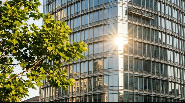 Modern Glass Office Building and Skyscraper Reflect Sunlight, Creating Bright and Dynamic Urban Scene with Green Foliage and Leaves