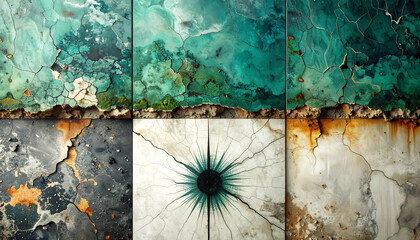 Grid of wall panels with mineral textures and patina layers. Detail of rust and paint separation on concrete material. Background for architecture visualization and design industry application.