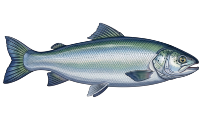 Detailed illustration of a silver fish with green scales on black background