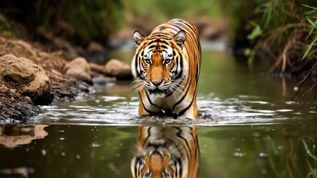 Tiger wading through shallow jungle stream reflecting in the water