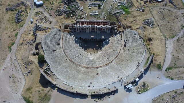 IERAPOLIS in Denizli, bird's-eye view, TURKEY, August 13, 2024: Ancient city of Ierapolis near Pamukkale, surrounded by nature and mountains. Phrygian period. UNESCO.4K