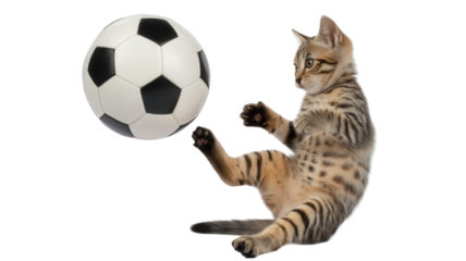 Playful bengal kitten kicking a classic black and white soccer ball isolated on transparent background