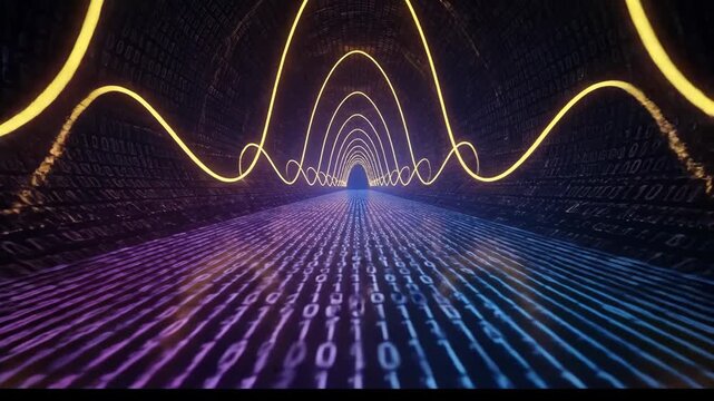 Futuristic Digital Tunnel with Glowing Binary Code and Neon Light Waves Creates Dynamic Technological Atmosphere