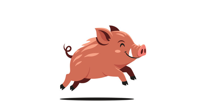 A happy and energetic wild boar with a curly tail and tusks is captured mid-air, joyfully leaping and running.
