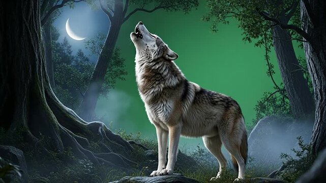 Majestic wolf howling isolated on green screen, vivid detail