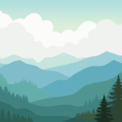 Peaceful mountain landscape illustration with layered hills, pine forests, and soft clouds, perfect for nature, travel, or background design.