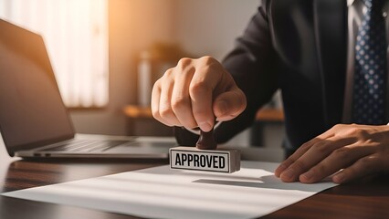 Businessperson Stamping Approved on Document in Office Setting.