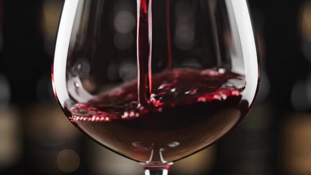 Close-up of ruby wine pouring into a glass, swirling liquid, reflections and soft bokeh warm luster