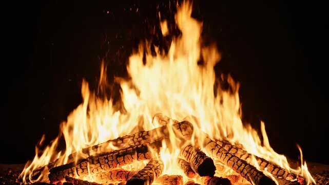 Close-up of roaring orange and yellow flames consuming split logs, glowing embers and smoky nightair