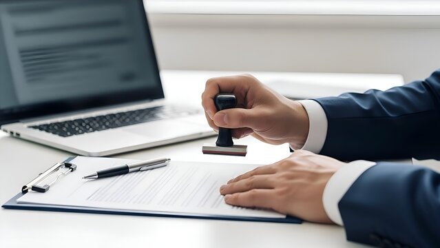 Businessperson Stamping Document with Laptop and Pen on Desk