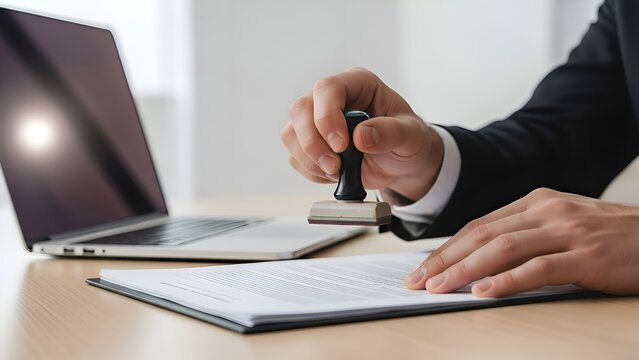 Business Professional Stamping Document with Laptop on Desk. - Powered by Adobe